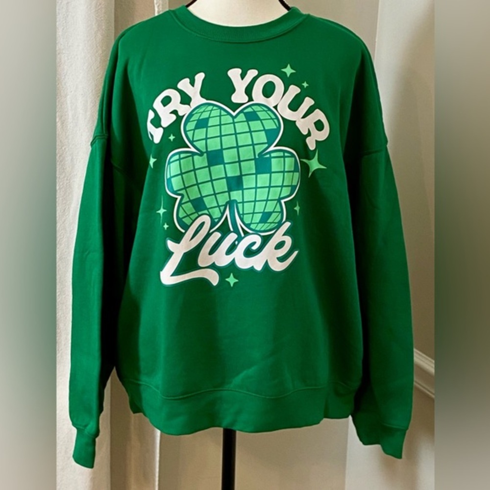 Green Try Your Luck Shamrock Graphic Crewneck Sweatshirt Irish XL